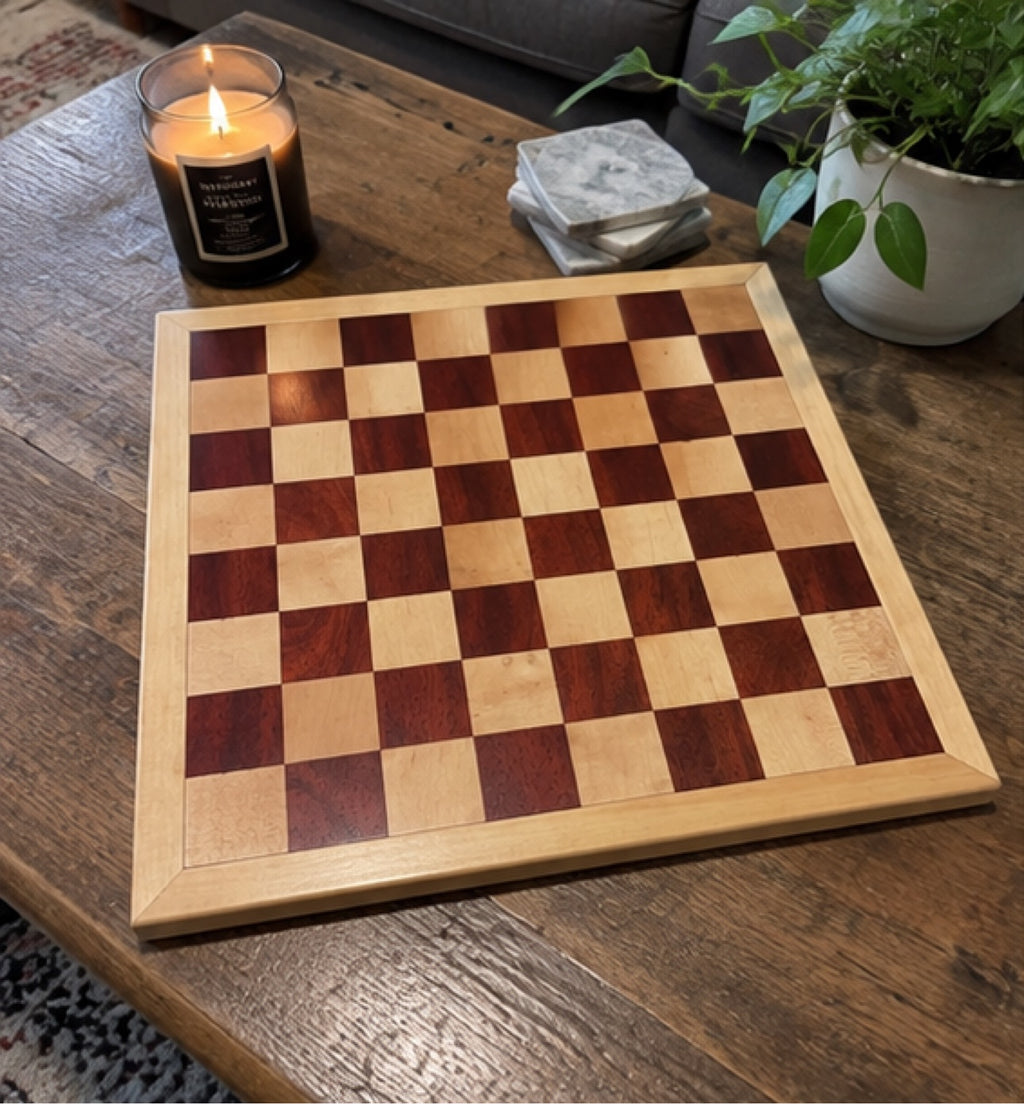 Handmade wooden chessboard on a coffee table