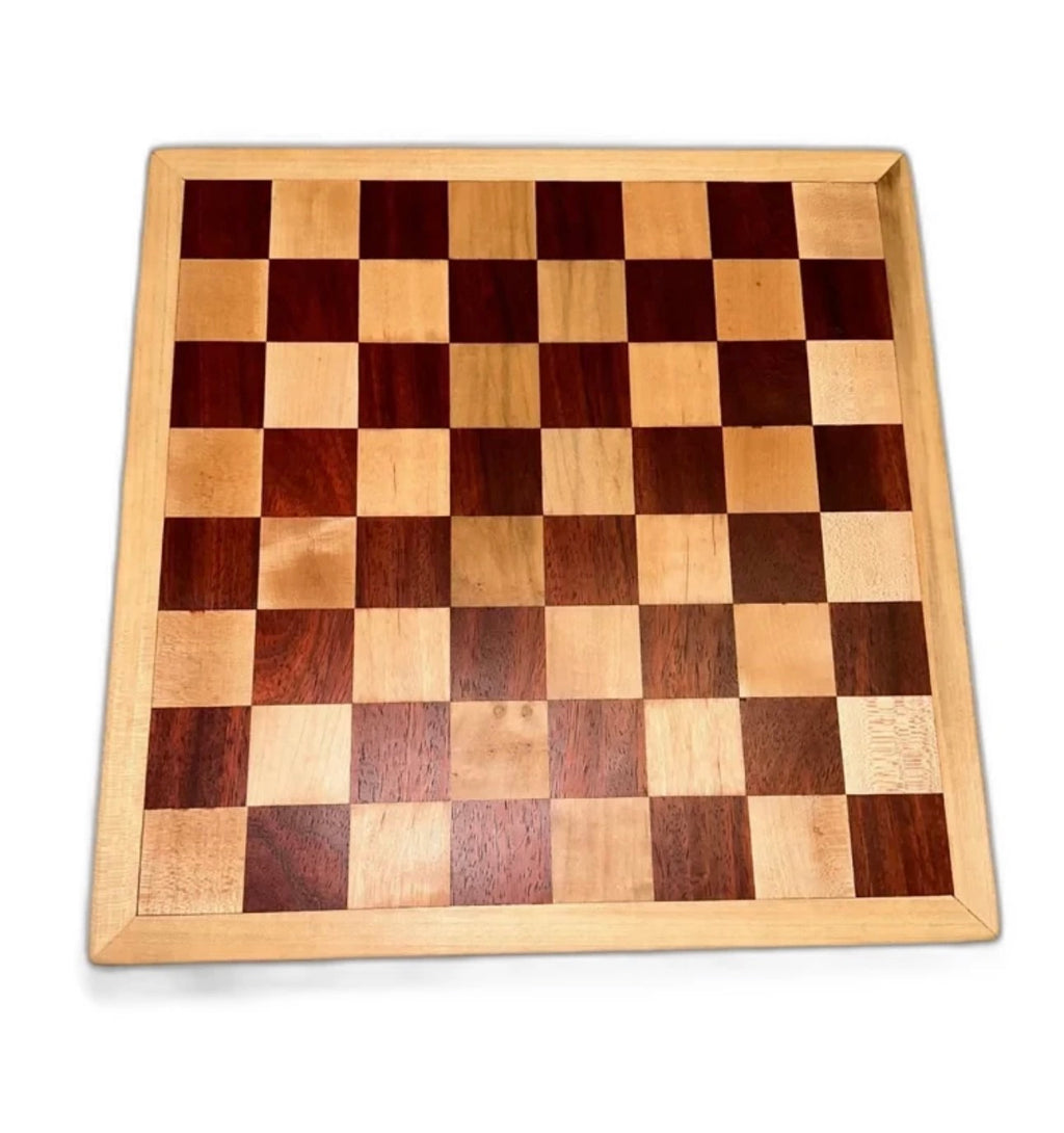 Handmade wooden chessboard, top view
