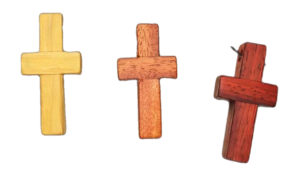 Three handmade wooden cross necklaces - orange padauk, yellow osage orange and American black walnut